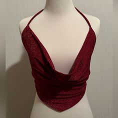 Elevate Your Evening Look With This Brand New Unused Red Sparkly Cowl Backless Crop Top By Mimosa. Designed To Turn Heads, This Size Medium Top Features A Seductive Cowl Neckline And A Stunning Open Back, Tied For A Customizable Fit. Add A Touch Of Glamor To Any Outfit With This Sexy Statement Piece. If You Have Any Questions About Measurements Or Anything Else, Please Do Not Hesitate To Reach Out To Me. Can’t Wait To Hear From You :) #Clubwear #Festival #Coachella #Summer #Party #Handkerchiefhe Red Fitted Halter Top With Built-in Bra, Fitted Red Halter Top With Built-in Bra, Fitted Low-cut Halter Top For Night Out, Elegant Triangle Top For Party, Low-cut Crop Top For Party, Chic Low-cut Crop Top For Party, Fitted V-neck Halter Top For Party, Elegant Low-cut Crop Top For Party, Chic Low-cut Halter Top For Party