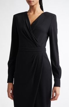 Find MAX MARA Virtus Long Sleeve Jersey Faux Wrap Dress on Editorialist. Easily move from desk to dinner in this long-sleeve LBD crafted in a faux-wrap design from smooth jersey. Hidden back-zip closure Surplice V-neck Long sleeves with one-button cuffs Lined 76% viscose, 13% wool, 11% polyamide Dry clean Imported Designer Clothing Elegant V-neck Long Sleeve Dress For Work, Elegant Long Sleeve Belted Dress For Work, Fitted V-neck Wrap Dress For Work, Formal Sleek Long Sleeve Fall Dress, Fitted Viscose Wrap Dress With V-neck, Chic Long Sleeve Business Dresses, Long Sleeve Wrap Dress For Date Night, Fall Date Night Wrap Dress With Long Sleeves, Fall Date Night Long Sleeve Wrap Dress