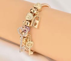 Luxury  18K Gold Plated  Lock And Key Charm bracelet. Lock And Key, Charm Bracelets, Light Pink, 18k Gold, Jewelry Bracelets, Gold Plate, Birthday Gifts, Charm Bracelet, Plating