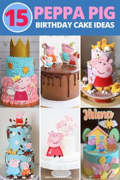 a collage of cakes with peppa pig decorations