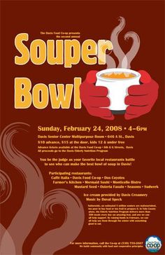 the poster for souper bowl is shown in red and orange colors, with two hands holding