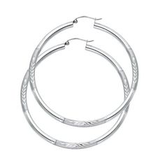 High quality fashion earrings jewelry. 100% genuine solid 14k gold. Great Womens and Mens gift for any occasion. Solid 14k White Gold Round French Lock Diamond Cut Hoop Earrings Genuine Polished Fancy 48 mm x 3mm Size: one size.  Color: Metal Type.  Gender: female.  Age Group: adult. Tarnish Resistant White Gold Hoop Jewelry, Sterling Silver Hoop Jewelry With Diamond Cut, Nickel-free White Gold Hoop Earrings For Formal Occasions, Round Earrings With Shiny Finish For Anniversary, Luxury Round White Gold Hoop Earrings, Formal White Gold Hoop Earrings, Tarnish Resistant, Elegant Engraved Small Hoop Earrings, Sterling Silver Hoop Earrings With Diamond Cut, Nickel-free White Gold Hoop Earrings