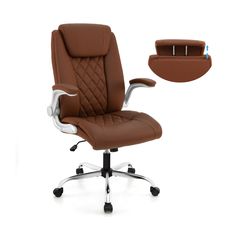 a brown office chair with wheels and arm rest