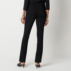 The Liz Claiborne Alexis Ponte pull-on pants offer a comfortable fit with a mid-rise and straight-leg design. This chic and easy-going pant pairs well with tunic tops and t-shirts.Front Style: Pleated FrontClosure Type: Elastic BackFit: Straight FitRise: Mid RiseFiber Content: 70% Rayon, 25% Nylon, 5% SpandexFabric Description: PonteInseam: 27 InLeg Style: Straight LegCare: Machine Wash, Tumble DryCountry of Origin: Imported Fitted Straight Pants With Pull-on Style, Business Casual Straight Dress Pants With Pull-on Style, Elegant Office Pants With Pull-on Style, Fitted Bottoms With Straight Silhouette For Fall, Fitted Straight Silhouette Bottoms For Fall, Straight Fitted Office Bottoms, Fitted Straight Bottoms For Office, Stretch Straight Leg Dress Pants For Business Casual, Stretch Mid-rise Work Pants For Business Casual