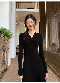 5ft 4''(166cm) tall, 95 lbs(43kg) weight and wearing a size S164cm/49kg wearing a size S - BLACK- Knitted- Pullover- V-neck- Long dress style Long Dress Style, Black Knit, Knitted Pullover, Long Dress, V Neck, Knitting, How To Wear, Black