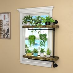 a window sill filled with potted plants next to a wall