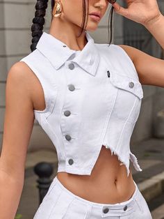 Blanco Casual Collar sin mangas Mezclilla Liso Chaleco Embellished No-Elástico Cute Simple Outfits Casual, Denim Diy Clothes, Denim Top Women, Womens Denim Vest, Classy Short Dresses, Plain Vest, Moda Denim, Embellished Clothing, Vest For Women