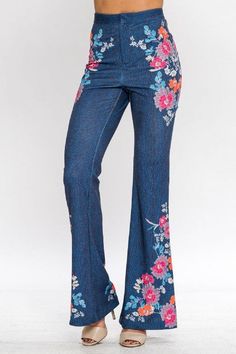 High Waisted Denim Print Hippie Pants, spandex/poly Flared Bottoms, Floral Trousers, Denim Print, Hippie Pants, Print Denim, Bell Bottom Pants, Fabric Floral, High Rise Pants, Printed Denim