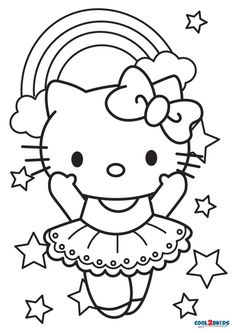 a hello kitty coloring page with stars and a rainbow in the sky above her head