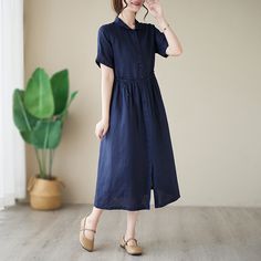 Women's Cotton Linen Dress Crew Neck Short Sleeve Single Breasted Midi Dress Solid Dress Non-stretch Solid Color Dress For Daywear, Casual Short Sleeve Knee-length Dress, Spring Knee-length Short Sleeve Dress In Solid Color, Non-stretch Buttoned Midi Dress, Non-stretch Midi Dress With Buttons, Daywear Solid Color Shift Midi Dress, Short Sleeve Summer Dresses With Buttons, Casual Solid A-line Shirt Dress, Solid Color Shift Midi Dress For Daywear