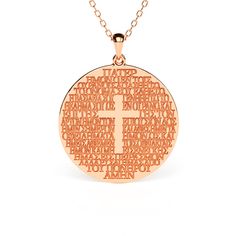 Give your Greek jewelry stack a dose of texture with the engraved Greek Lord's Prayer (Πάτερ Ημών) disc necklace. This unexpected design features a round pendant engraved with the words of the Lord's Prayer in Greek. A cross cutout in the center completes the design, which comes on a delicate and layerable chain. Engraved Circle Necklaces For Anniversary, Spiritual Round Pendant Necklaces With Engraving Option, Engraved Rose Gold Spiritual Necklace, Engraved Yellow Gold Circular Necklace, Engraved Circle Yellow Gold Necklace, Round Etched Necklaces For Commemoration, Etched Necklaces For Commemoration, Etched Round Necklaces For Commemoration, Engraved Rose Gold Round Disc Necklaces