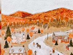 a painting of people walking down a road in the fall with houses and trees on either side