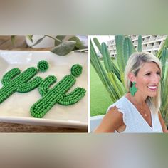 a woman standing next to a cake decorated with green beads