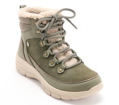 Designed with your comfort in mind, these lace-up hiker boots are a must-have for your winter collection. A cushioned knit collar and faux sherpa lining keep feet warm and cozy, while the Skechers memory foam insole ensures every step feels like a dream. From Martha Stewart x Skechers. Hiker Boots, Skechers Memory Foam, Suede Lace, Easy Going, Knit Collar, Martha Stewart, Winter Collection, A Dream, Warm And Cozy