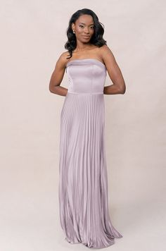 Model: April; Size: 4; Color: Lilac Satin Pleated Dress, Elevated Wedding, Floral Satin Dress, Pleated Satin Dress, European Garden, Puerto Rican, Bra Cups, Fold Over, Straight Cut