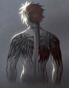 the back of a man with wings on his body and blood dripping from his chest