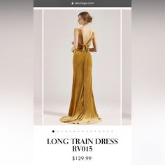 a woman in a long train dress with the words long train dress rv05 $ 120 99