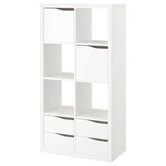 a white bookcase with four drawers