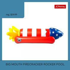 an inflatable firecracker rocket pool toy for sale on a blue background