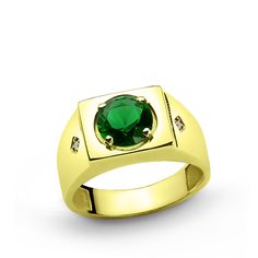 10 K Solid Yellow Gold Men's Ring with Natural 2.40 ct Emerald and 0.02 ct Diamonds Mens Sapphire Ring, Ruby Birthstone Ring, Mens Ruby Ring, Yellow Gold Mens Rings, Classic Solitaire Ring, Emerald Rings, Green Emerald Ring, Ring Man, Silver Rings Simple