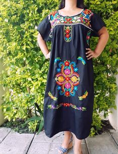 "FREE SHIPPING MEXICO, USA & CANADA Mexican embroidered black Dress Embroidered design and color may vary (see photos) *SPECIAL PACKAGE with Shawl or rebozo has 15% OFF than purchasing every item indivually YOU CAN CHOOSE ANY REBOZO COLOR WITH YOU DRESS - Please write in Order Note - We have more colors than the shown in photos Ideal for a boho and vintage chic look with Folk embroidered flowers, for everyday or beach. The colors are fantastic and the weave in the fabric give it the distinct Black Folk Style Beach Dress, Black Dresses For Cinco De Mayo Fiesta, Traditional Black Dress For Cinco De Mayo, Traditional Black Embroidered Dress, Traditional Black Dress With Embroidered Hem, Traditional Black Embroidered Beach Dress, Traditional Black Fiesta Dress, Traditional Black Embroidered Dress For Fiesta, Traditional Black Embroidered Dress For Beach