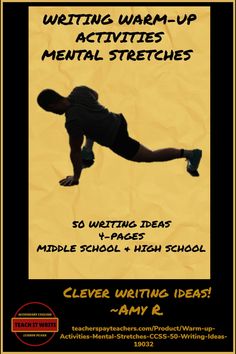 an advertisement for writing warm - up mental stretches with a man jumping in the air