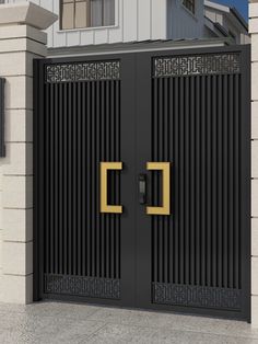 a black and gold gate with two doors on each side