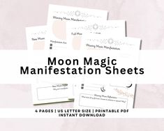 the moon magic worksheet is shown in four different sizes and colors, with text overlaying it