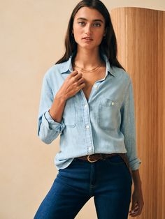 Tried & True Chambray Shirt - Mid Wash Shirt Styling, Toned Women, Work Shirt, Dress Shirts For Women, Spring Tops, Chambray Shirt, Sweater Sale, Work Shirts, Fall Shirts