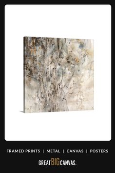 an abstract painting with white and grey colors on it, in the middle of a black frame