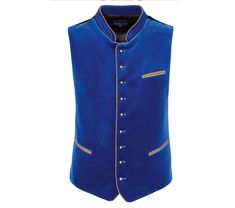 Traditional vest Ricardo for men from Stockerpoint Classics. The masculine model made of high-quality cotton velvet is the classic among traditional vests. An adjustable latch and darts on the back ensure a masculine fit, while contrasting piping in suede look on the three pockets and on the short stand-up collar with filigree embroidery set classic accents. Simple buttons skilfully round off the design. Brand: Stockerpoint Classics Material: 100% wool Colour: royale Fit: Fit is normal Care: do Sleeveless Vest With Buttons For Wedding, Festive Formal Fitted Vest, Sleeveless Nehru Jacket For Formal Festive Occasions, Traditional Nehru Jacket With Button Closure For Formal Events, Festive Sleeveless Nehru Jacket For Formal Occasions, Elegant Festive Vest For Wedding, Elegant Festive Wedding Vest, Fitted Traditional Nehru Jacket With Button Closure, Fitted Traditional Nehru Jacket