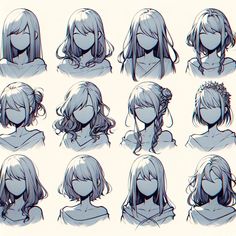 Art Reference Hairstyles, Hair Sketch Front View, Women Hairstyles Reference, Hairstyle Female Drawing, Back Of Hair Reference, Bob Hair Drawing Reference, Long Hairstyle Reference, Women Hair Reference Drawing, How To Draw Hair Reference