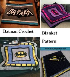 four different crocheted blankets with batman logos on them