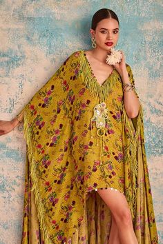 Yellow asymmetric boho dress with all over floral prints, fringe detailing and embroidered hamsa ornamentation. - Aza Fashions Priyanka Singh, Luxury Sale, Fashion App, Modern Bride, Dress For Women, Flared Sleeves, Dress Pattern, Aza Fashion, Boho Dress