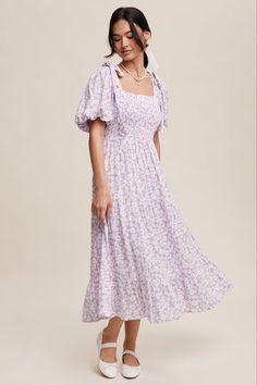 Lavender strap floral midi dress-NEW – JanieLanie Modest Midi Dress, Nursing Friendly Dress, Fun Tie, Modest Tops, Lavender Floral, Modest Skirts, Womens Floral Dress, Floral Print Midi Dress, Print Midi Dress