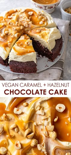 a cake that has been cut into pieces and is topped with caramel - hazelnut