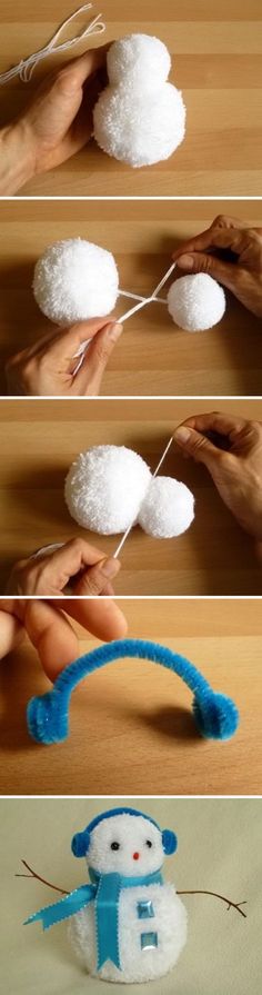 four pictures showing how to make a snowman ornament with yarn and cotton balls