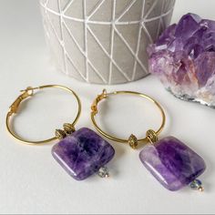 Authentic Amethyst Square Beads Are Polished To A Satin Finish And Hung On Gold Tone Hoops And Accented With Iridescent Beads And Gold Findings. Silver Forest Earrings, Hello Kitty Earrings, Square Beads, Handmade Earrings Beaded, Link Earrings, Heart Dangle Earrings, Beaded Drop Earrings, Square Bead, Trendy Earrings