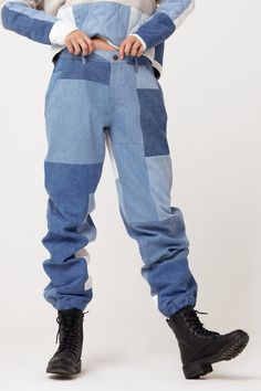 Patchwork Denim Jacket, Denim Jogger Pants, Cuffed Sweatpants, Cropped Sweatpants, Patchwork Denim, Denim Joggers, Baggy Pant, Denim Patchwork, Donna Karan