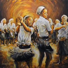 an oil painting of people dancing together