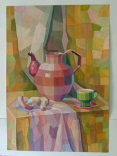 a painting of a teapot and cup on a table