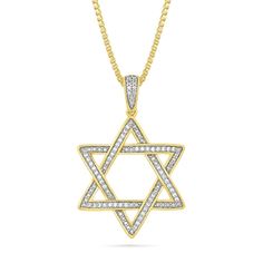 For your faith or your heritage, make this diamond Star of David pendant your signature look. 10K gold This simple and classic Star of David symbol is adorned with diamonds and bead detailing Complementing bail completes the style 1/5 ct. t.w. of diamonds 22.0-inch box chain; spring-ring clasp Yellow Gold Star Of David Jewelry With Diamond Accents, Gold Diamond Star Of David Jewelry, Classic Star Of David Jewelry For Anniversary, Diamond Necklace With Star Of David Accents, Star Of David Pendant, Diamond Star, Signature Look, Star Of David, Box Chain