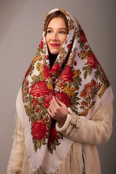 Ukrainian 120*120 fringe Floral Shawl Folk style scarf white Ethnic Folk Wool Slavic Chic Boho Classic Design Gift Halloween Ukraine by EmbroideredCloth on Etsy Bohemian Scarves, Sailor Scout, Wool Gifts, Special Gifts For Mom, Sailor Moon Stars, Big Scarf, Floral Shawl, Sailor Senshi, Outfit Chic