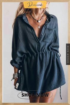 Casual Loose Cotton and Linen V-neck Dress Casual V-neck Shirt Dress For Fall, Summer V-neck Dress With Pockets, Casual V-neck Shirt Dress For Vacation, Bohemian V-neck Solid Color Dress, Long Sleeve Solid Color Mini Dress For Beach, Fall V-neck Shirt Dress With Pockets, V-neck Shirt Dress For Summer Day Out, Casual Solid Color Dress With Split Neck, Long Sleeve V-neck Dress For Summer Vacation