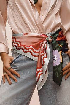 Silk Dry clean Imported | Galapagos Love Scarf by Elegancia Tropical in Pink, Women's, Silk at Anthropologie Silk Scarf Outfit, Ways To Wear A Scarf, Scarf Outfit, Looks Chic, Looks Style, Scarf Styles, Look Fashion, Womens Scarves, Fashion Inspo Outfits