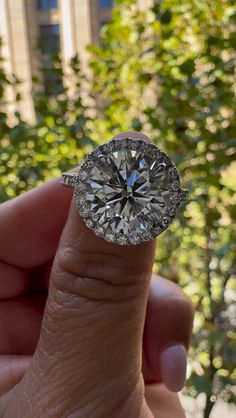 a person holding a diamond ring in front of some trees and bushes, with the center stone surrounded by small round diamonds