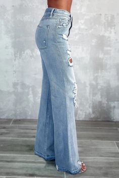 Sky Blue Vintage Distressed Ripped Wide Leg Jeans – Ply Style Ripped Denim Flare Jeans, Ripped Flare Denim Jeans, Trendy Light Wash Wide Leg Flare Jeans, High Waist Ripped Light Wash Flare Jeans, Trendy High Rise Wide Leg Pants With Frayed Hem, Distressed Flare Jeans For Summer, Chic Ripped High Rise Flare Jeans, Chic High Rise Ripped Flare Jeans, Trendy Denim Blue Wide-leg Flare Jeans