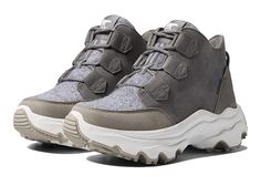 SOREL Kinetic Breakthru Caribou Waterproof - Women's Shoes : Quarry/Sea Salt : Leather sourced from a tannery that achieved a Bronze Rating from the Leather Working Group (LWG). ; SOREL Kinetic Breakthru Caribou Waterproof are ankle-length athleisure sneakers with a unique fusion of boots and chunky soles. Synthetic and leather upper. Textile lining and insole. Waterproof seam-sealed construction. Contrasting vamp continues to the tongue. Lace-up closure. Branding on the tongue. Pull-tab at the Sorel Caribou Boots, Winter Boots Women Waterproof, Sorel Boots Womens, Sorel Kinetic, Womens Duck Boots, Black Leather Chelsea Boots, Athleisure Sneakers, Strappy Shoes, Waterproof Snow Boots