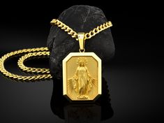 Your solid gold Miraculous Virgin Mary Medallion is stylish and pretty ideal for everyday use. Engraving details of handmade solid gold necklace are very detailed and eye-catching. This meaningful necklace with high quality handwork will be a legacy you can leave to your family with its quality ★Item Details * Material : 10K & 14K & 18K Solid Gold * Chain Model : 3,75mm Solid Gold Cuban Chain * Pendant Weight : 10K = 08.20 Grams 14K = 09.90 Grams 18K = 11.40 Grams * Chain Weight : 14K = 14k Gold Spiritual Miraculous Medal Jewelry And Charms, 14k Gold Spiritual Miraculous Medal Jewelry, Gold Virgin Mary Pendant Necklace, Yellow Gold Miraculous Medal As Gift, 14k Gold Miraculous Medal As Gift, 14k Gold Miraculous Medal As A Gift, Gold Virgin Mary Necklace Gift, Gold Virgin Mary Medallion Charm, Gold Virgin Mary Medallion Jewelry