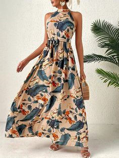 Women Summer Vacation Style Tropical Plant Printed Halter Maxi Dress Multicolor Boho  Sleeveless Woven Fabric Floral,Tropical,Plants,All Over Print A Line Non-Stretch  Women Clothing, size features are:Bust: ,Length: ,Sleeve Length: Vacation Style Tropical, Summer Vacation Style, Halter Maxi Dress, Halter Maxi, Plant Print, Halter Maxi Dresses, Vacation Style, Women Long Dresses, Tropical Plants